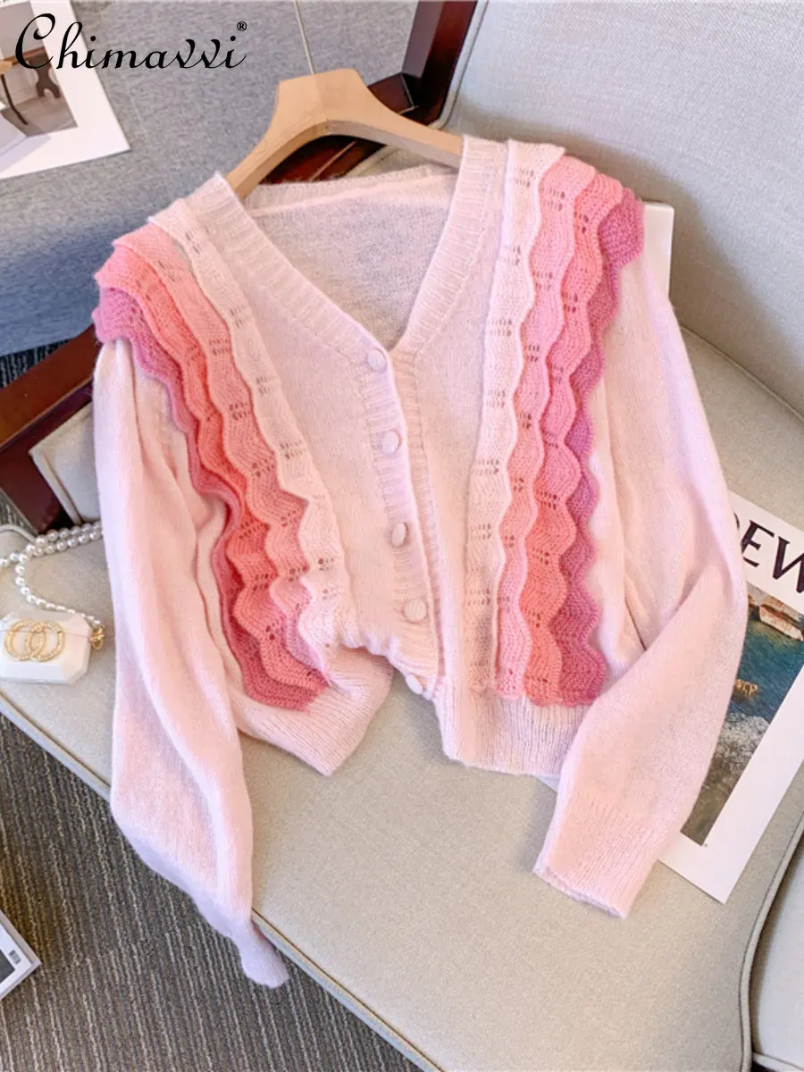 

2022 Autumn New Contrast Color Ruffle V-neck Long Sleeve Knitwear Cardigan Women's Sweet Gentle Soft Glutinous Sweater Top