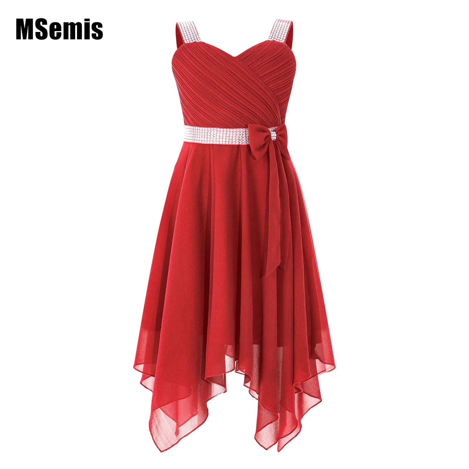 

Kids Girls Chiffon Party Dress Shiny Sleeveless Bowknot Sash Ruched Bodice Dresses Birthday Wedding Evening Prom Dress