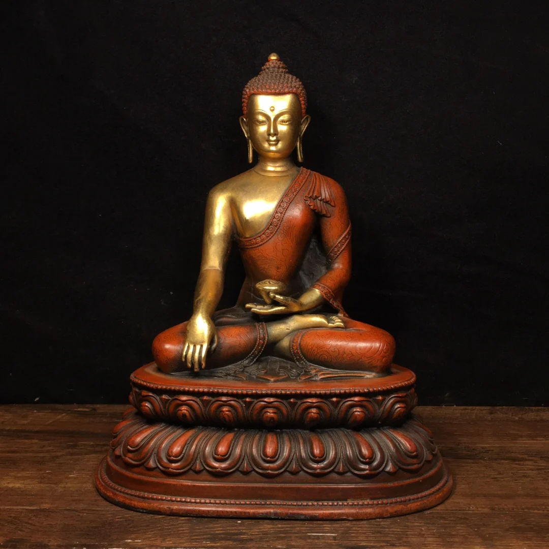 

9"Tibetan Temple Collection Old Bronze Gilt real gold Shakyamuni Buddha Double Lotus Terrace Worship Hall Town house Exorcism