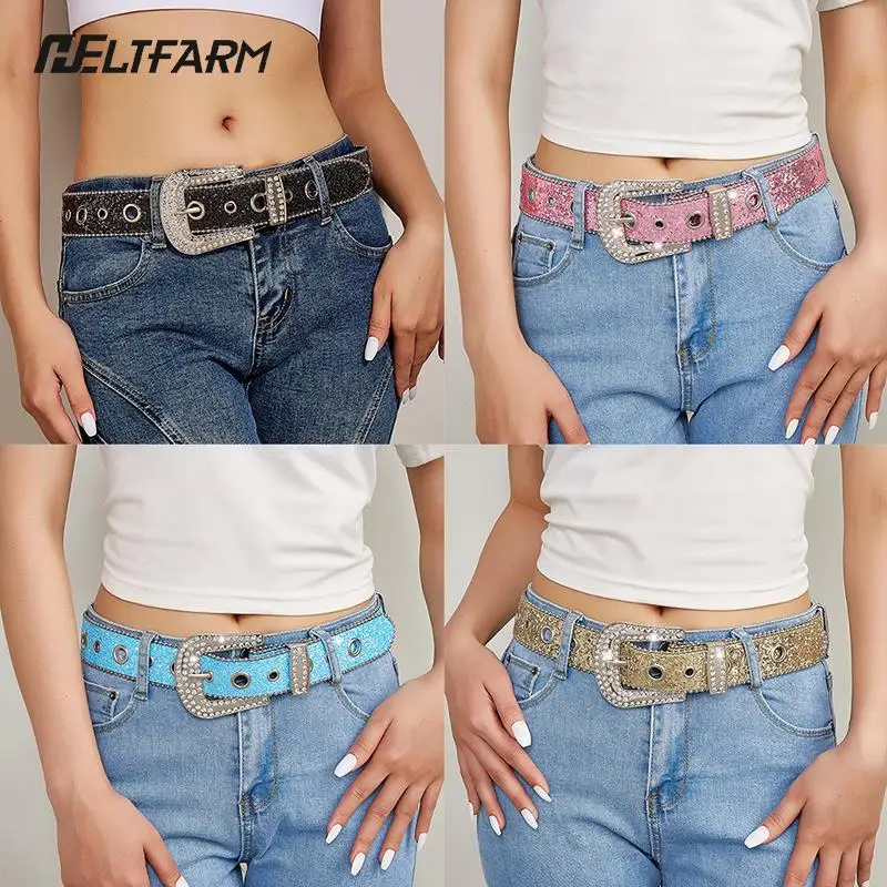 

Fashion Shinning For Rhinestone Belts Women PU Leather Strap For Rhinestone Belts Western Cowboy Girls Belt For Jeans Men