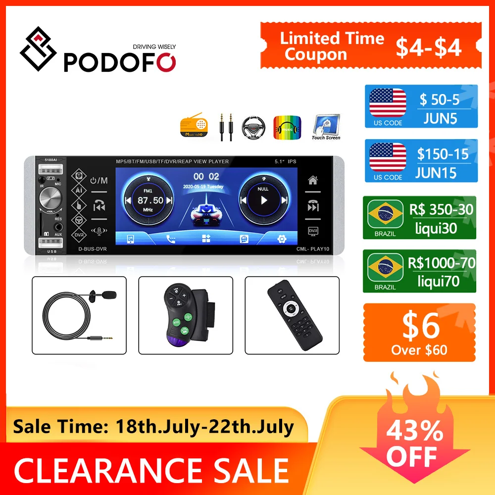 Универсальный автомобильный аудиоплеер Podofo 1 Din 5188 дюйма RDS зеркальная ссылка для