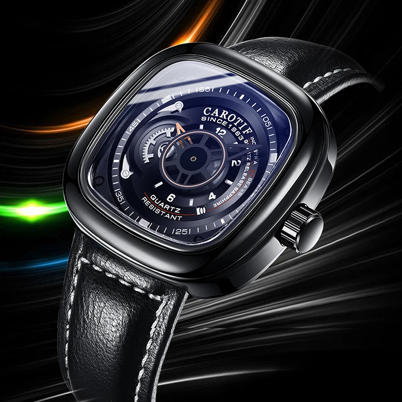 

Carotif Top Brands Men'S Wristwatch Leather Strap Waterproof Quartz Watches For Man Fashion Business Square New Design Watch