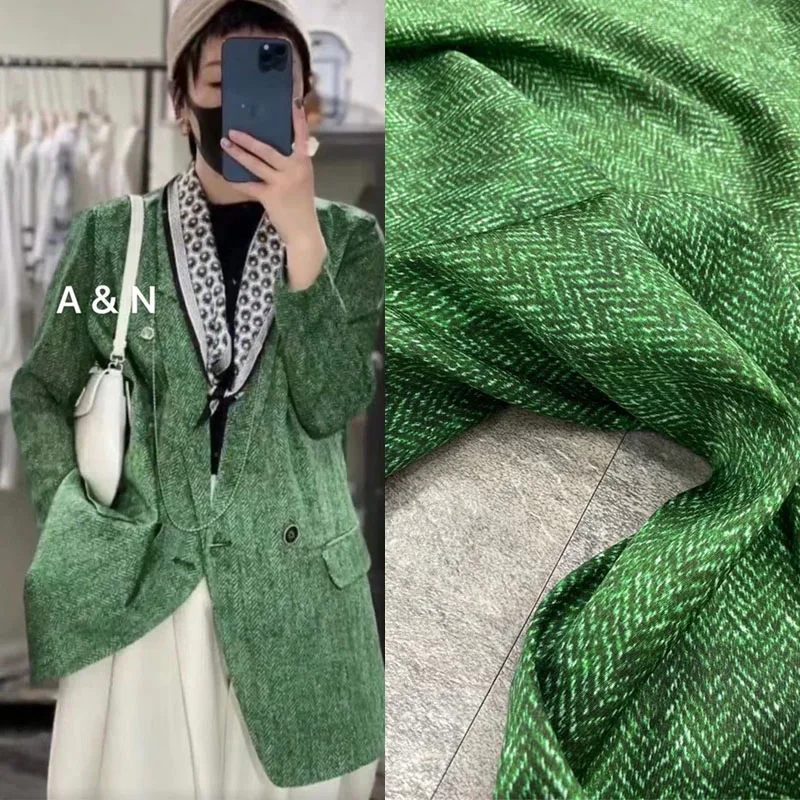 

European American Fashion Style Green Herringbone Print Stretch Silk Fabric High Quality Summer Suit Pants Shirt Sewing Fabric