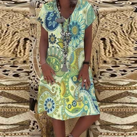 2022 summer elegant womens abstract printed painting dress v neck female short sleeves knee length loose plus size shift dress