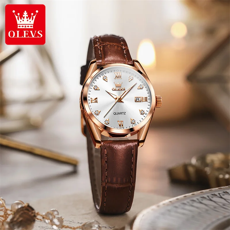 OLEVS Luxury Watches For Women Top Brand Luminous Date Leather Waterproof Quartz Ladies Watch Relogio Feminino Girl Gift