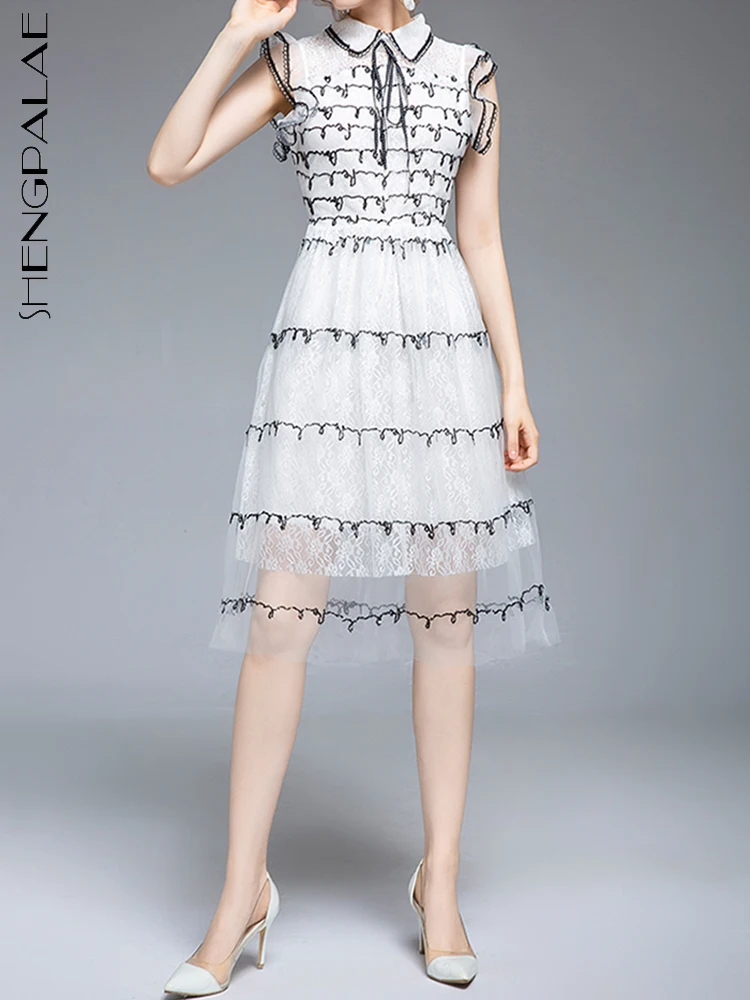 

SHENGPALAE модное Сетчатое платье для женщин с оборками без рукавов с воротником Питер Пэн до колена Vestido Лето 2023 Новинка 5R3992