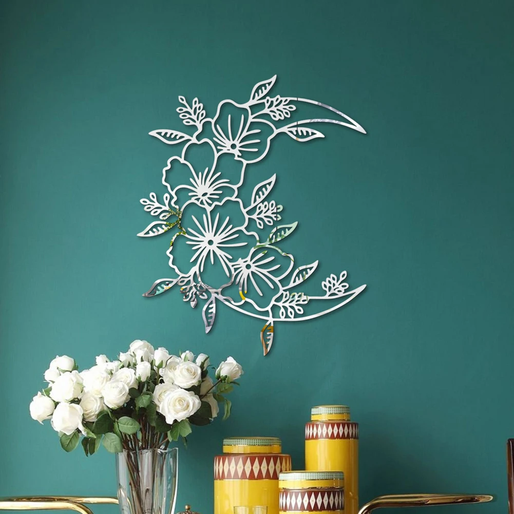 

Openwork Crescent Flower Mirror Acrylic Wall Sticker Multicolor Self Adhesive Sticker 30*24.5cm Home Decoration