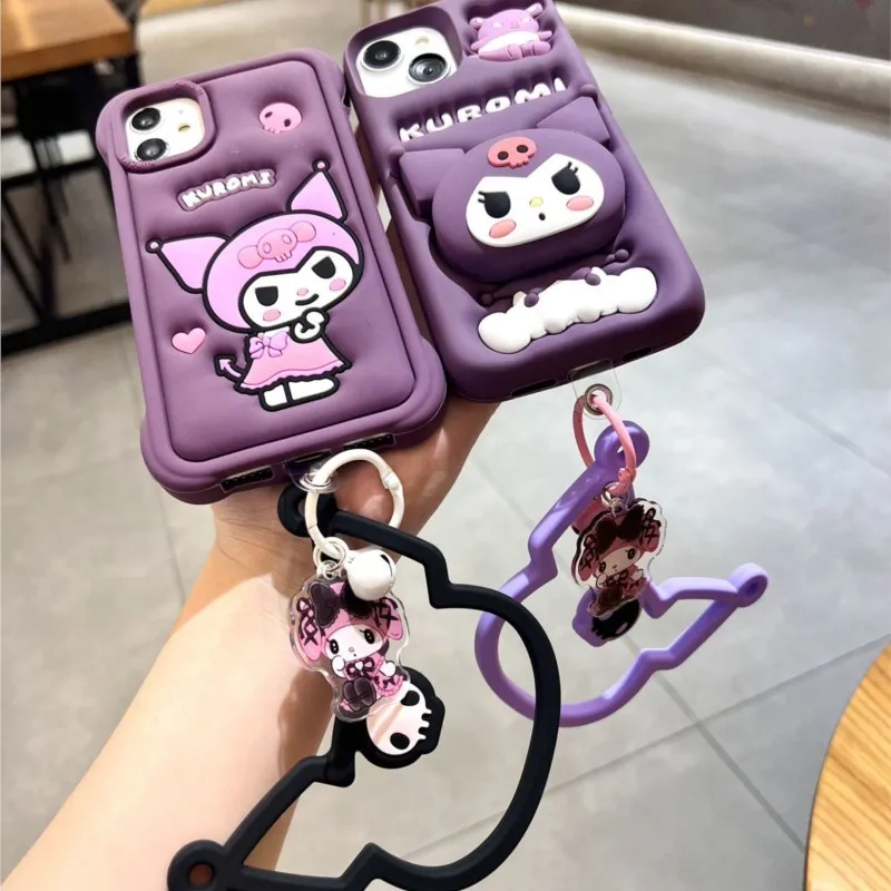 Фото Милый девчачий чехол для телефона Sanrio Kuromi, универсальный силиконовый чехол с ремешком-шнурком, подвеска-брелок в стиле INS №2