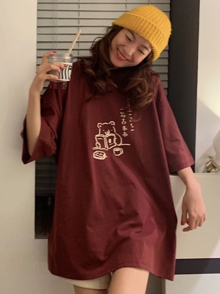 

QWEEK Kawaii Графические футболки для женщин корейская мода милый медведь мультфильм принт футболка уличная одежда футболки Топы Kpop 2022 летние св...