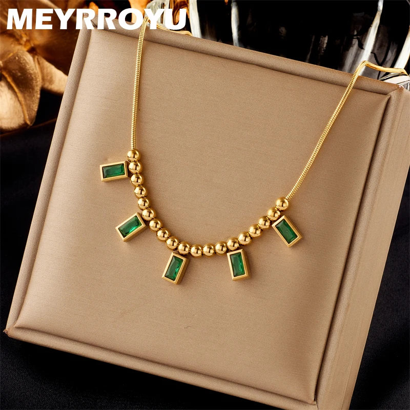 

MEYRROYU 316L Stainless Steel Green Zircon Bead Pendant Necklace For Women New Trend Jewelry Gifts Collar Acero Inoxidable Mujer