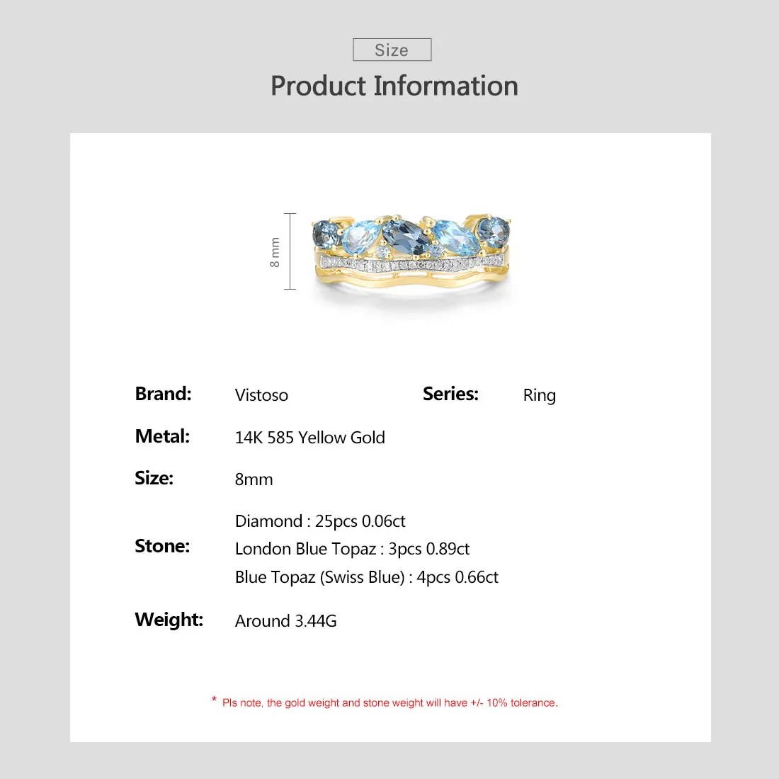 Женское золотое кольцо с голубым топазом VISTOSO желтое золото 14 к 585 пробы со