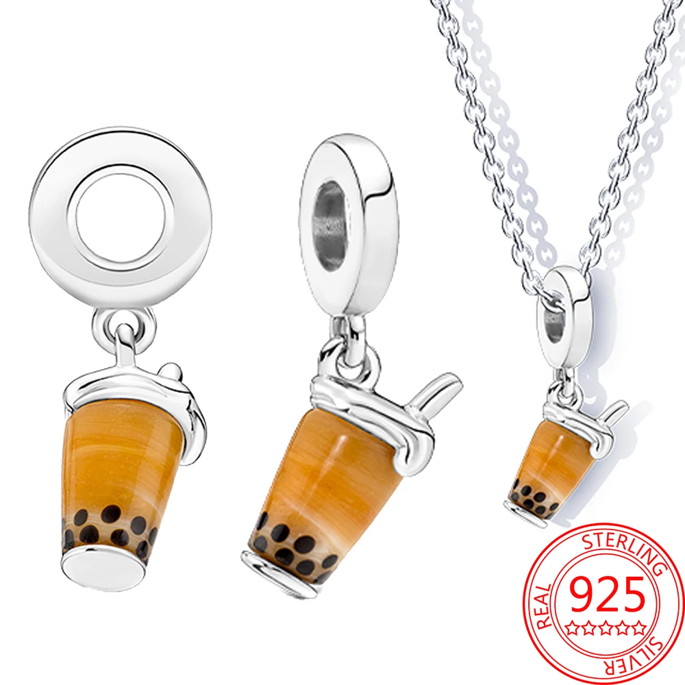 

Original 925 Silver Murano Glass Bubble Pearl Milk Tea Charm Fit Pandora Bracket And Necklace Women Jewelry Making Accessories