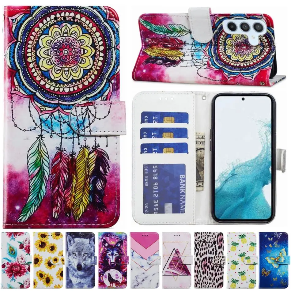 

Cute Painted Flip Case For Huawei P50 P40 P30 P20 Pro P10 P9 P8 Lite 2017 Wallet Card Slot Protect Phone Coque D18E