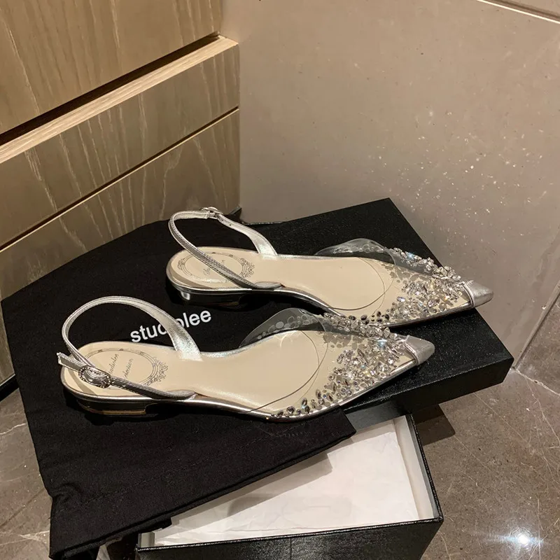 Rhinestone Transparent Sandals 2023 Summer New Baotou Flat Shoes Crystal Low-heeled Women's Shoes Back Strap Sandalias Mujer