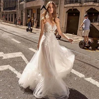 boho wedding dress 2022 simple v neck tulle vintage beach party gown a line appliques sleeveless backless custom made
