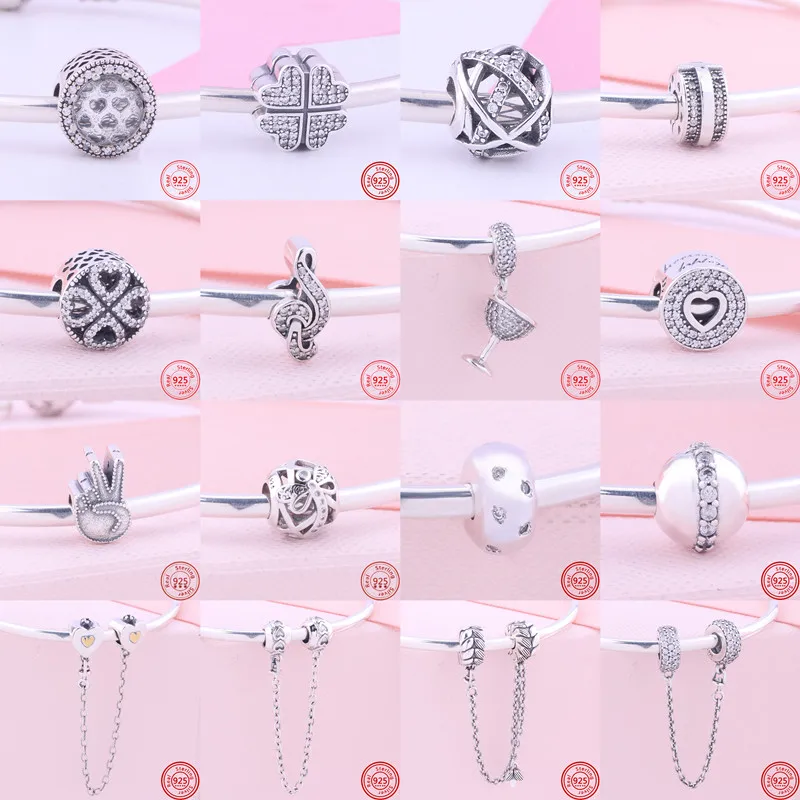 

925 Sterling Silver Feather Love Safety Chain Pendant Fit Pandora Charms Bracelets DIY Women Original Beads Europe Jewelry Gifts