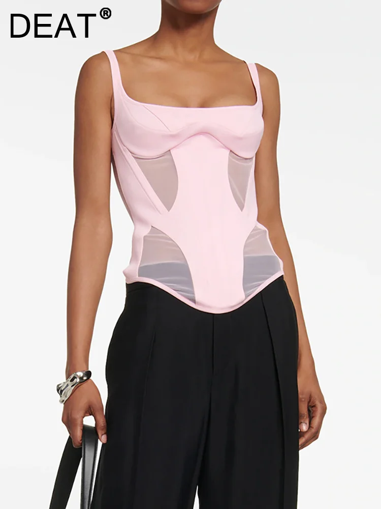 

DEAT Fashion Women's Camis Perspective Mesh Patchwork Slim Suspender Elastic Pink Sleeveless Sling Tops Summer 2023 New 11XX3541