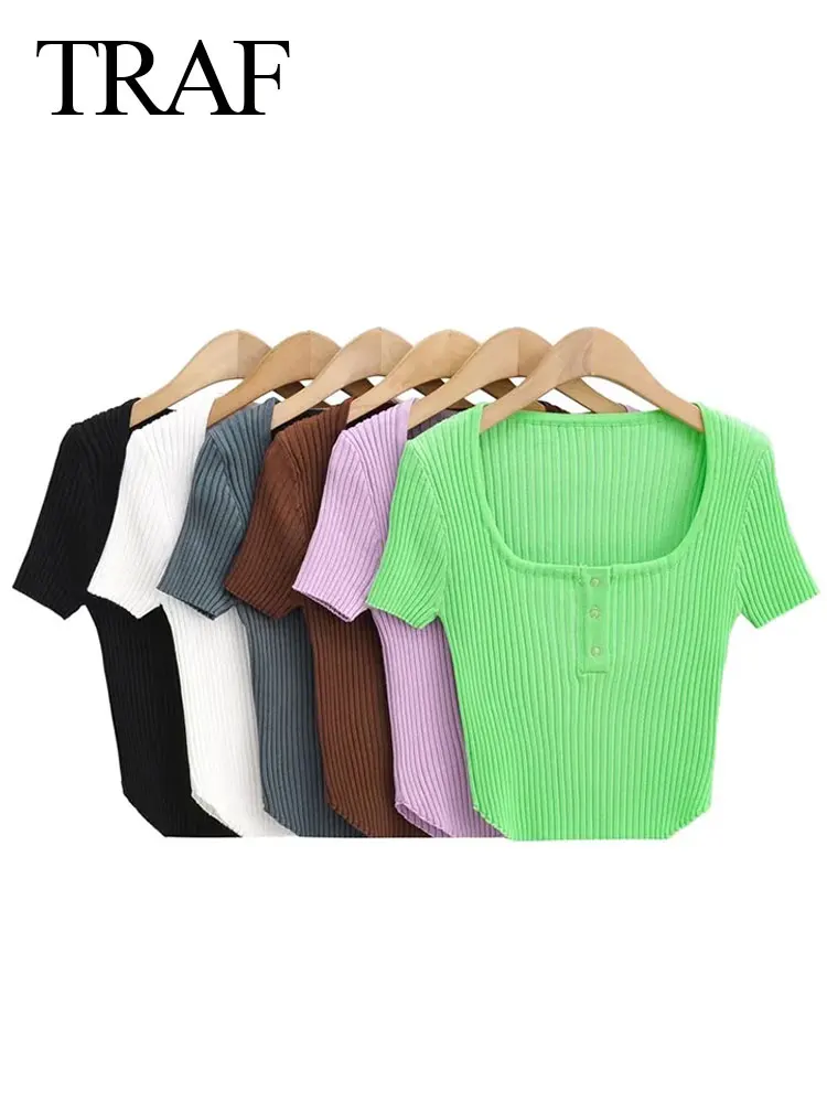 

TRAF New Popular Short Sleeve Round Neck Button Stretch Lady Top Fashion Six Color Solid Color Versatile Short Women's Top