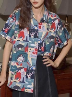 deeptown anime shirt women harajuku streetwear cartoon manga print button up shirt vintage blouse polo neck top cardigan female