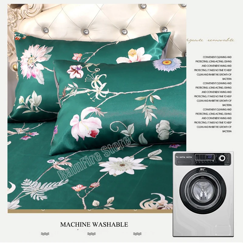 Зеленый комплект постельного белья из роскошного кружевного белья с подъемной юбкой для двуспального матраса с яркой печатью, включающий простыни с наволочками.