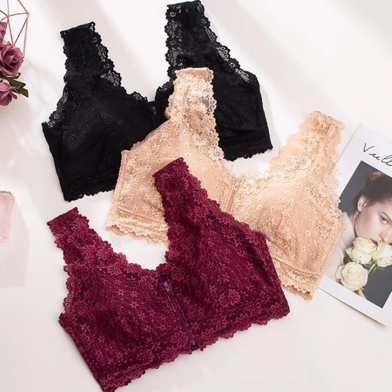 Female Lingerie Front Zip Women Lace Bra Top Push Up Full Cup Bralette Lady Seamless Wireless Bras Fashion Vest Gather Underwear