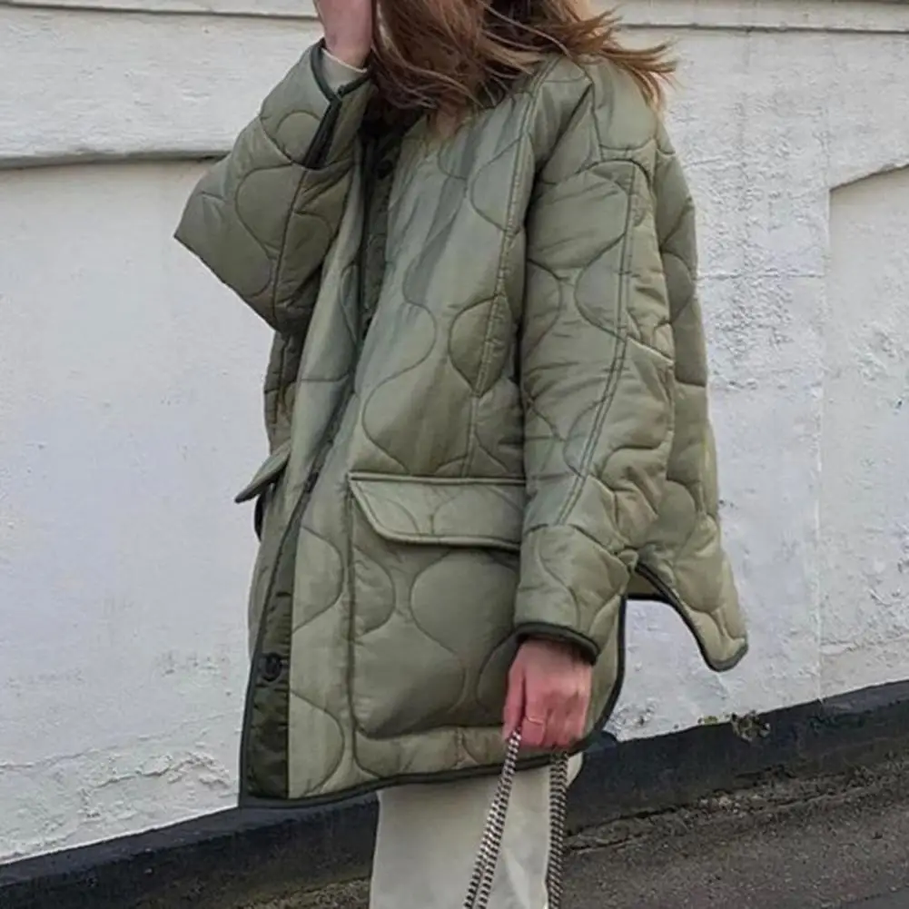 Quilted Jacket Flap Pockets Loose Fit Round Neck Long Sleeve Lightweight Slit Women's Coat Winter/Autumn 2021 Outwear for Daily