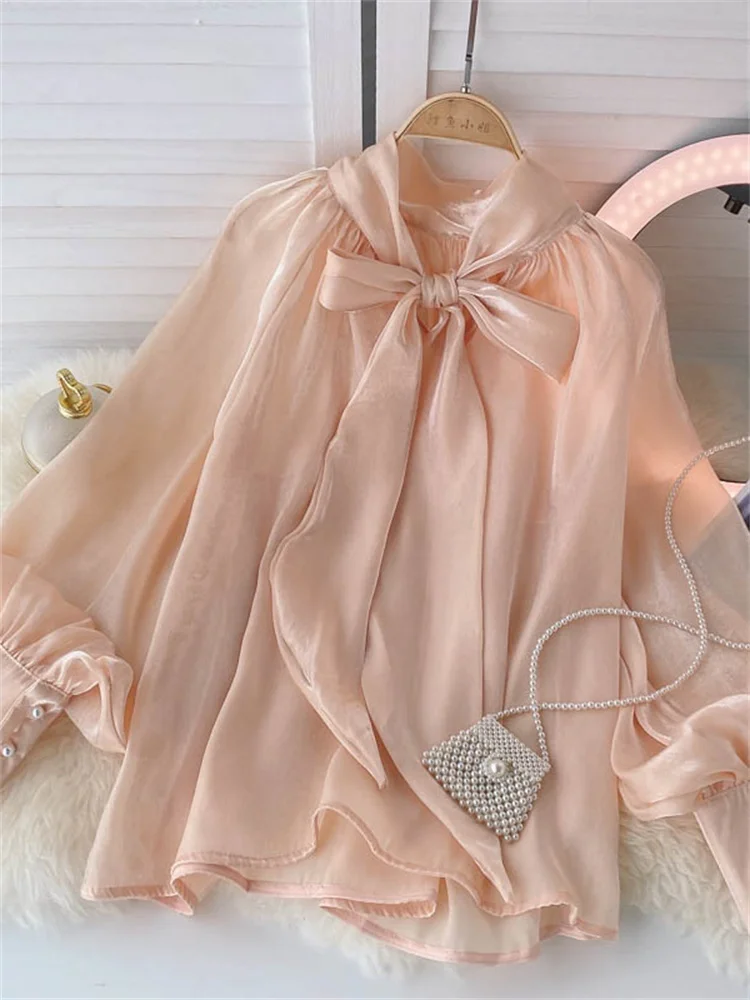 

Женская шифоновая блузка с длинным рукавом-фонариком и бантом