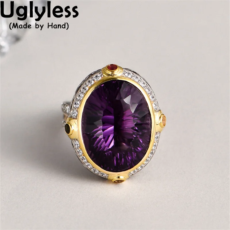 

Uglyless Royal Natural Purple Crystals Rings for Women Luxury Transparent Pure Amethyst Rings 925 Silver Clean Quartz Jewelry