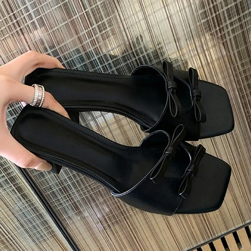 2023 Summer New Brand Women Slippers Fashion Bowtie Slip on Sandals Low Square Heel Outdoor Casual Beach Slides Shoes Flip Flops