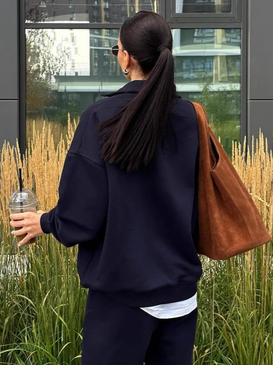 Vintage Letter Embroidery Sweatshirt Women Zipper Lapel Collar Long Sleeve Sweatshirts Autumn Streetwear Fashion Sport Pullovers