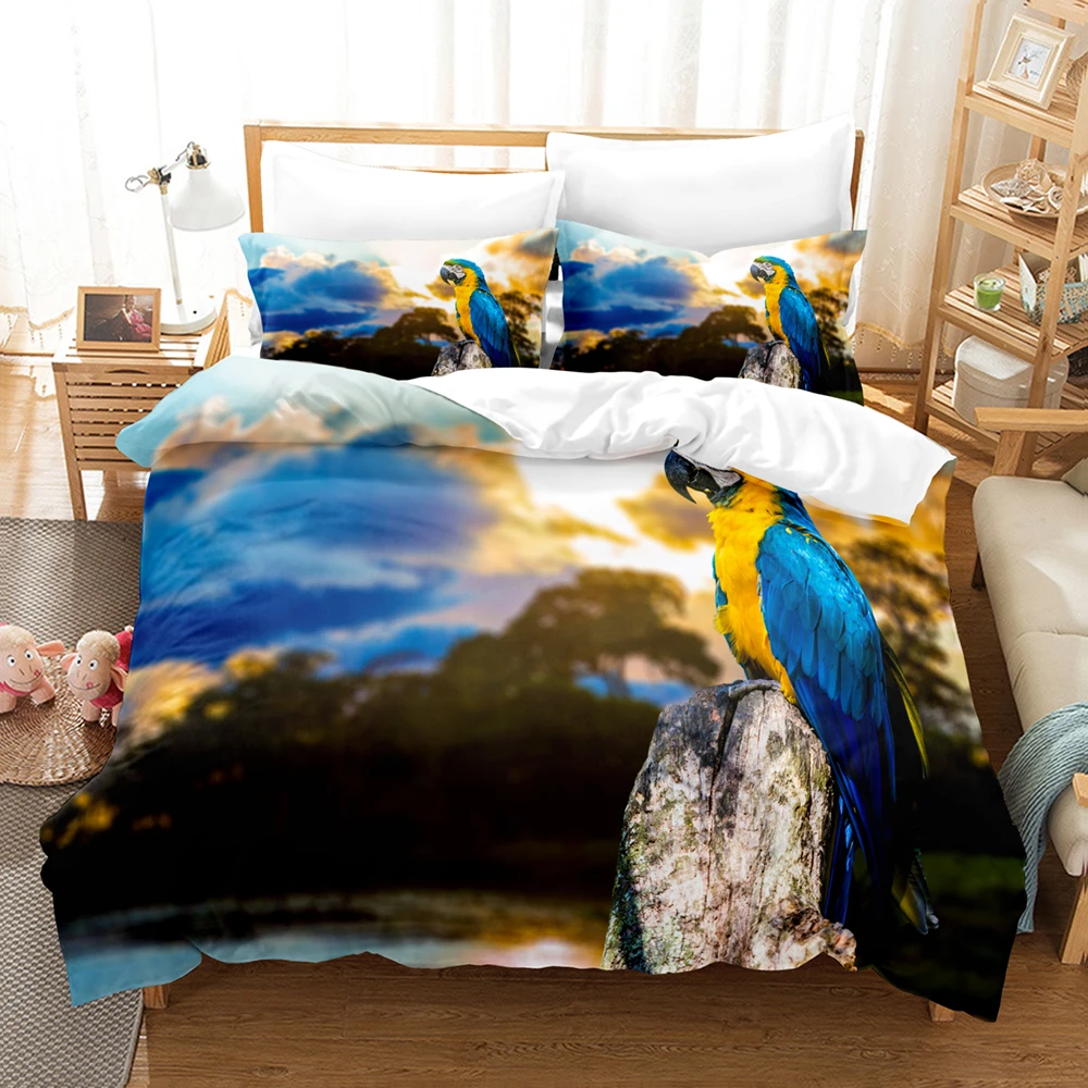 

3D Animal Bedding Set Parrot Pattern Duvet Cover Set Microfiber Quilt Cover King Queen Twin Luxury Bedclothes with 1/2Pillowcase