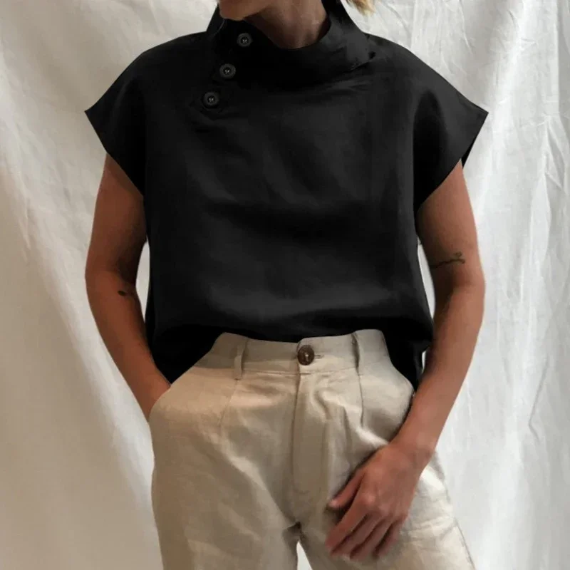 Блузка женская с коротким рукавом из хлопка и льна свободного покроя