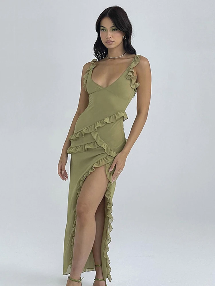 

Женское винтажное платье миди на бретелях-спагетти с оборками и V-образным вырезом