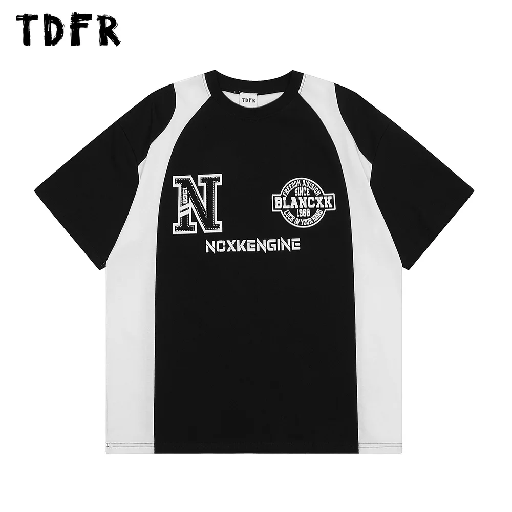 

Contrast Paneled Short Sleeve T-shirt Mens Racing Summer Streetwear Crew Neck Loose Cotton Tee Men
