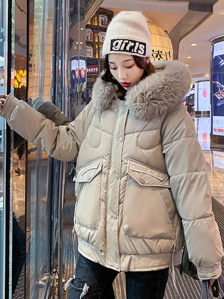 Vielleicht 2022 New Winter Jacket Women's Clothes Fur Hooded Short Parkas Thick Warm Cotton Padded Jackets Woman Winter Coat