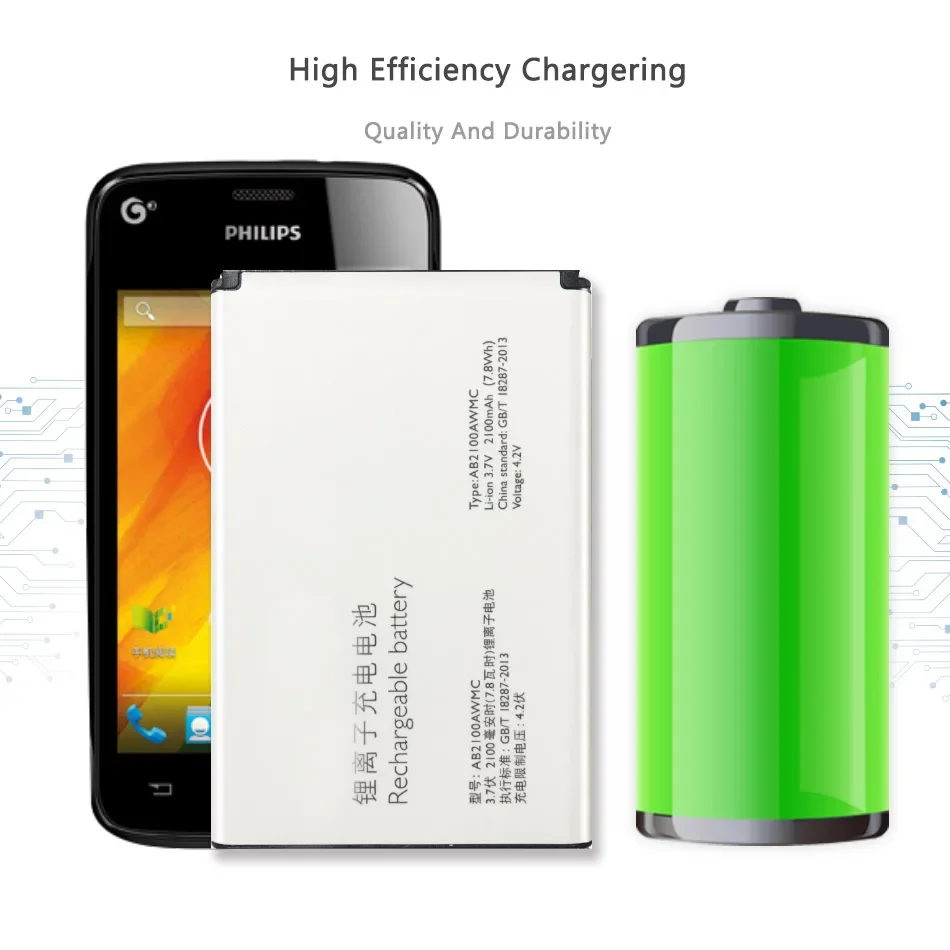 Аккумулятор AB2100AWMC для PHILIPS Xenium X622 W632 W336 V726 CTX622 CTW632 CTW336 2100 мАч