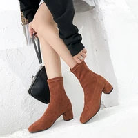 fashion suede sock boots 2022 brown black zip chunky heels women stretch ankle boots large size 34 46 ladies shoes
