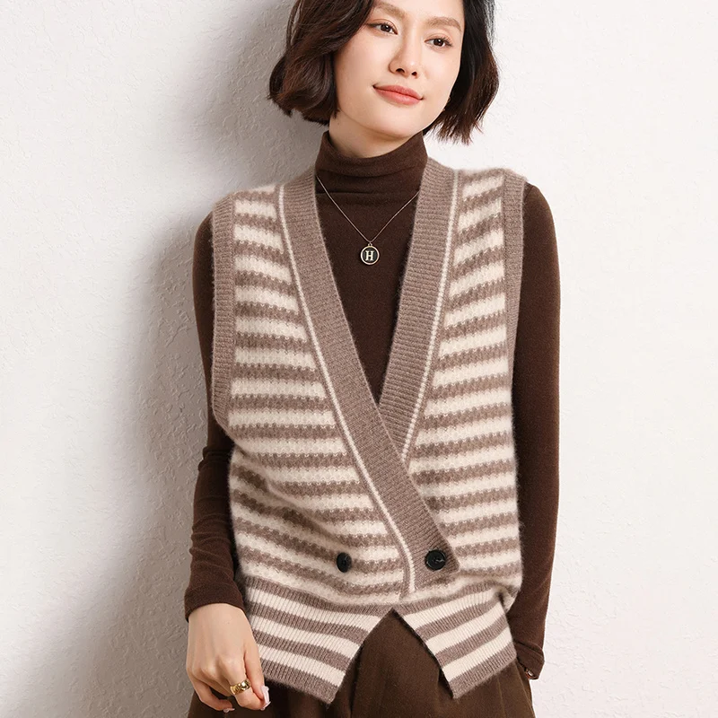 Autumn and Winter New Women's V-neck Stripe Pure Cashmere Cardigan Vest Loose Versatile Cuff Knitted Wool Vest Coat