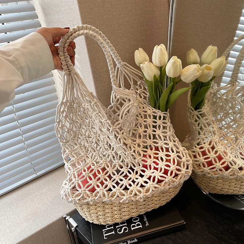 Fashion Women Bag Cotton Thread Summer Beach Bag For Lady Knitted Straw Large Woven Handbag Casual Tote Shoulder Shopping bag