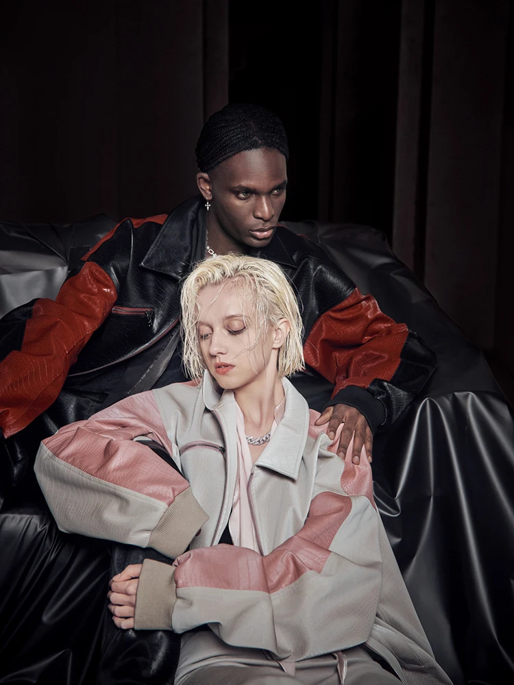 

Lautaro Весна Осень Прохладный Пэчворк Крокодил Печати Искусственная Кожа Куртка-бомбер Женщины с Застежкой-молнией Унисекс верхняя одежда дл...