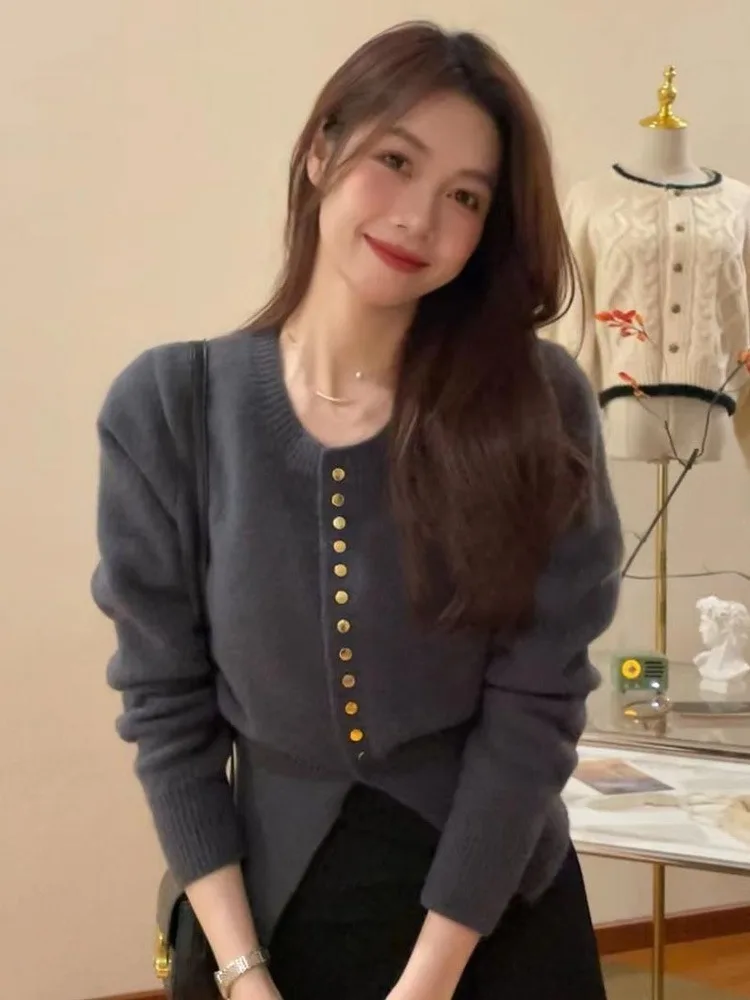 Корейский Женский Приталенный Трикотажный Кардиган С Длинными Рукавами И