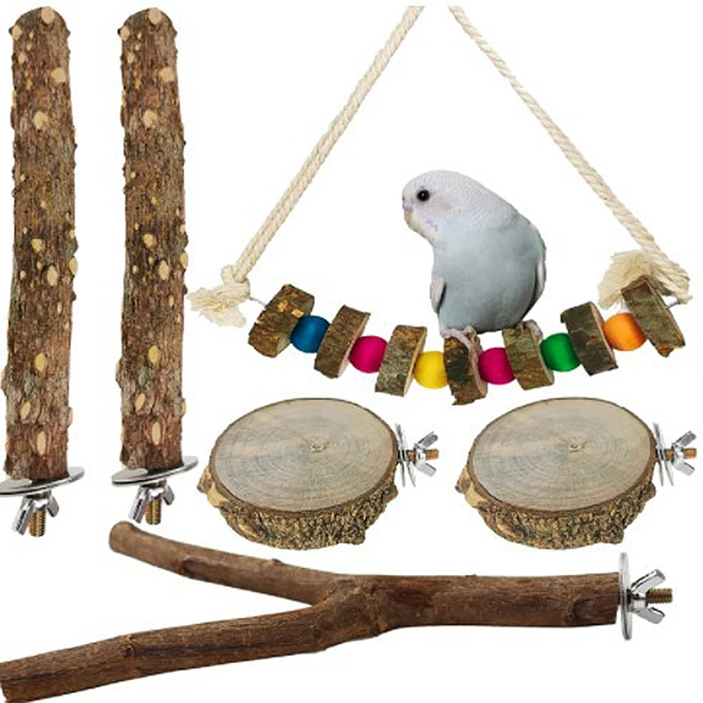 

Игрушки из натурального дерева для попугаев, 6 шт./компл., набор стоячих игрушек для птиц, включает в себя палочки, качели, Budgies, Macaws, набор игру...