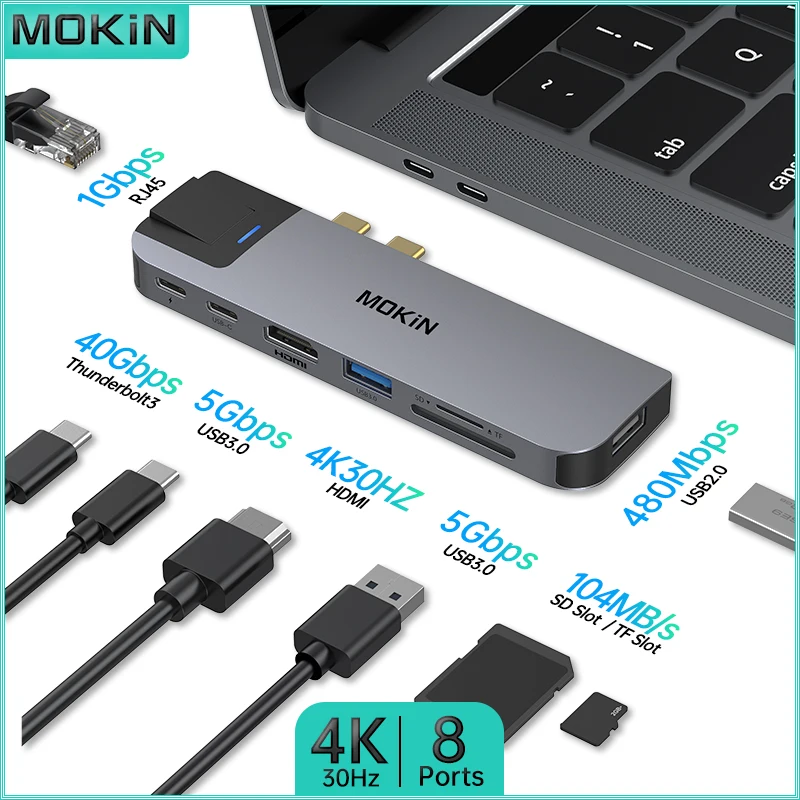 

MOKiN 8 in 2 Thunderbolt Docking Station for MacBook, iPad - USB2.0, USB3.0, Type-C 3.0, HDMI 4K30Hz, RJ45 1Gbps, Thunderbolt