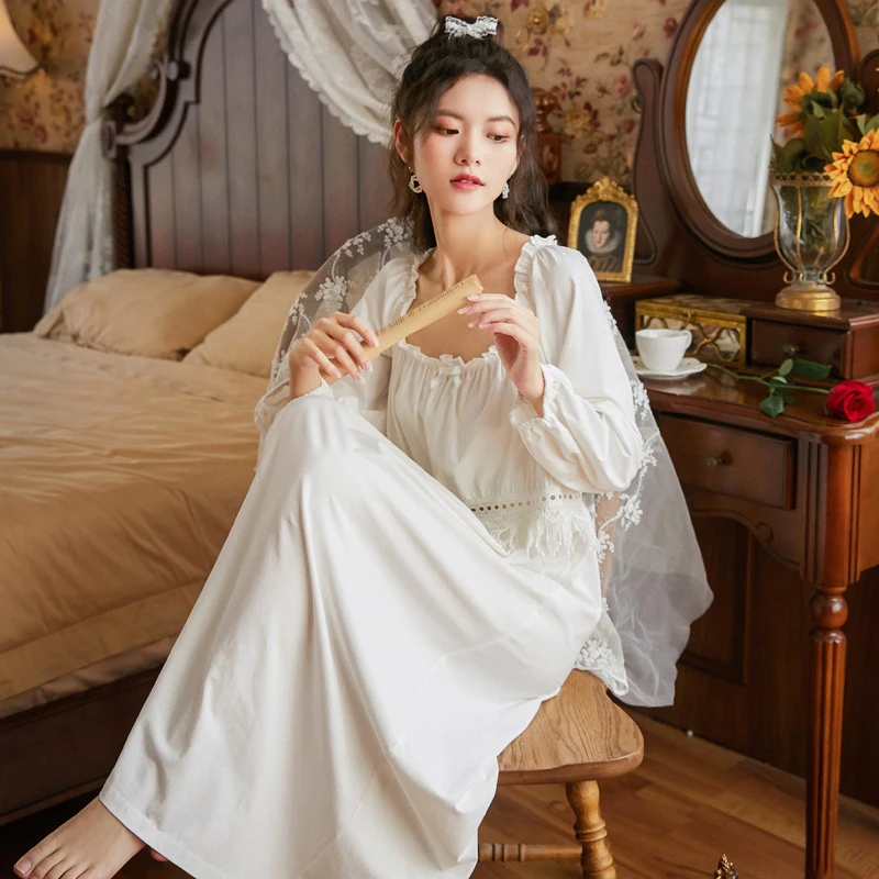 Roseheart New White Pink Blue Sexy Women Sleep Nightwear Suits Night Lace Nightgown Sleepwear Long Pants Homewear Gown Cotton