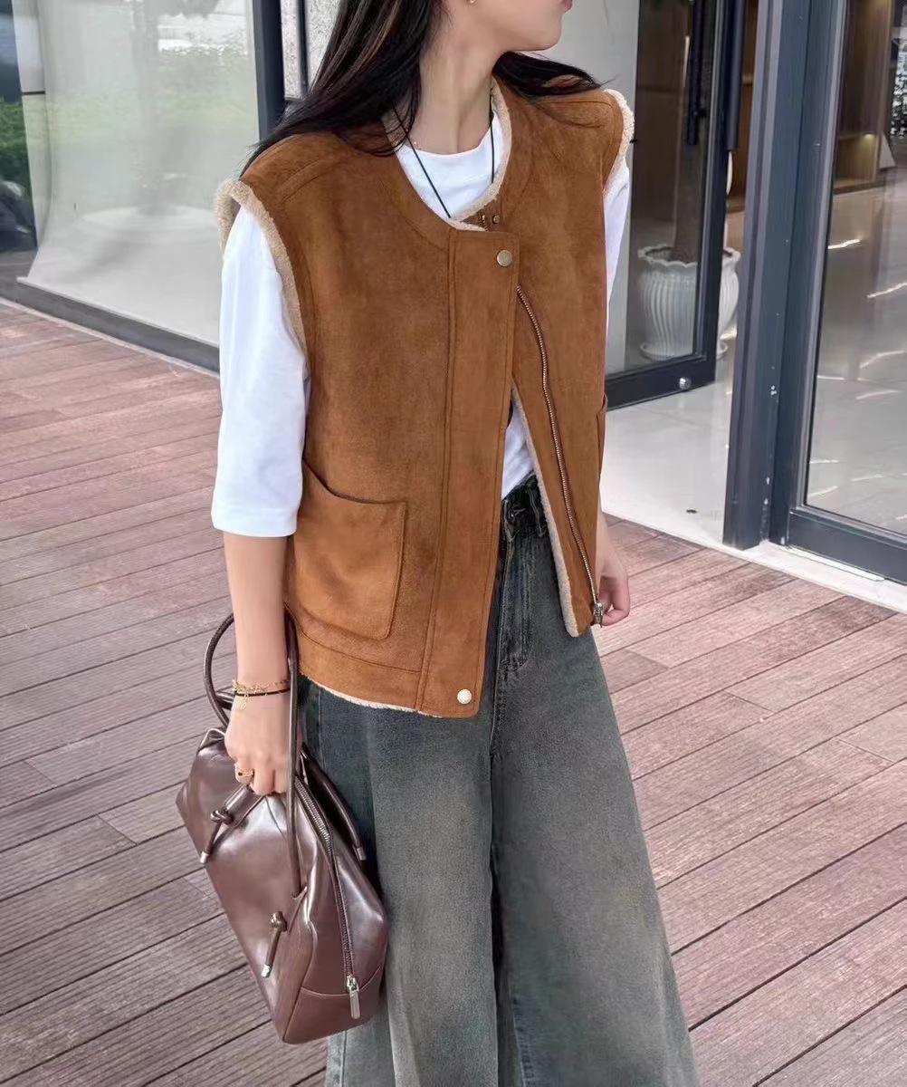 Осень-зима 2024 новый корейский свободный жилет без рукавов с круглым вырезом