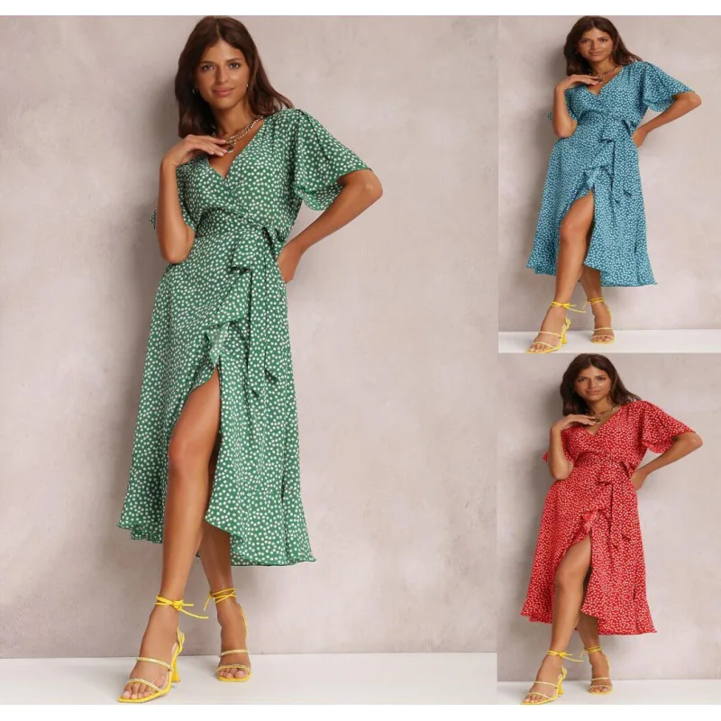 

Summer Elegant Women's Sexy V-neck Polka-dot High-waist Dress With High Slit Fashion Short-sleeved Midi Rural Skirt Maxi Dresses