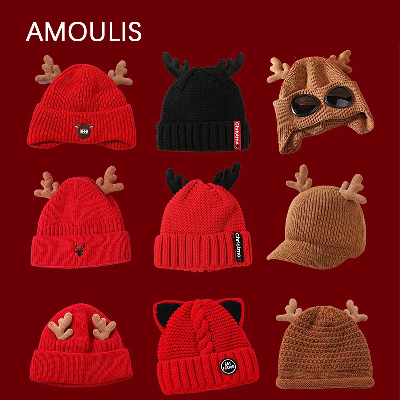 

AMOULIS Winter Keep Warm Christmas Hats Cartoon Skullies Beanies for Women Fashion New Year Knitted Hat Female Antlers Melon Cap