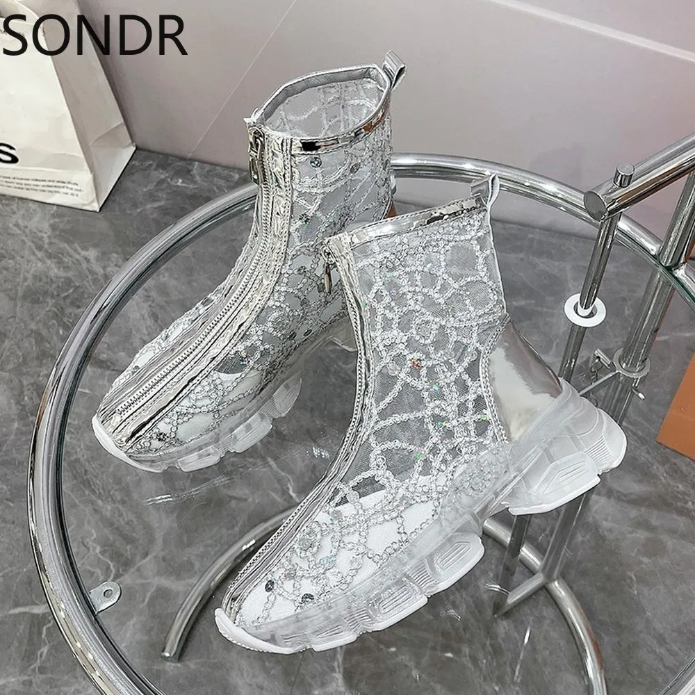 

Женские кроссовки с круглым носком, ботильоны, блестящая прозрачная обувь на каблуке, летняя дышащая обувь на молнии, новинка 2022
