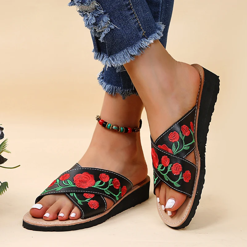 

Rimocy Fashion Flower Wedge Slippers for Women 2022 Summer Open Toe Non-slip Beach Shoes Woman Comfort Low Heels Slides Female