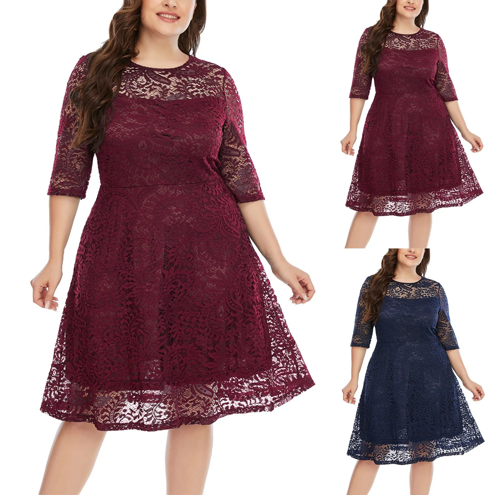 

Womens Floral Lace Plus Size Midi Dress Scooped Neckline Cocktail Party Dresses White Party Dresses